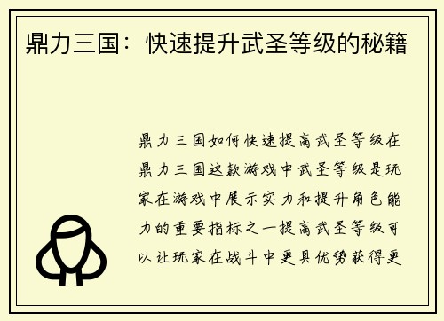 鼎力三国：快速提升武圣等级的秘籍
